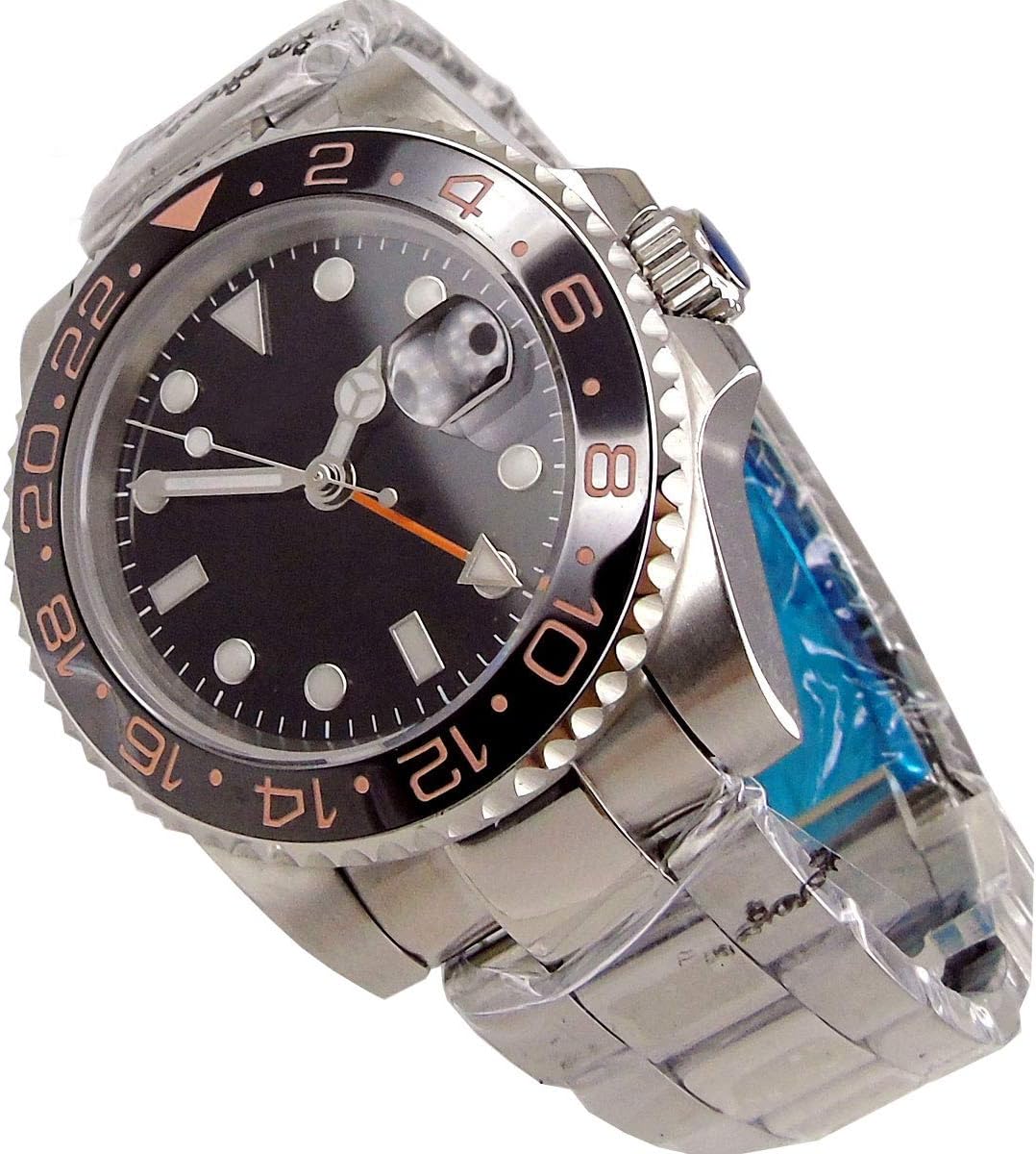 40mm Black Dial Luminous Marks Ceramic Rotating Bezel Sapphire Glass 30M Water Resistance GMT Dual Time Zone Automatic Movement Men's Watch (No Log...