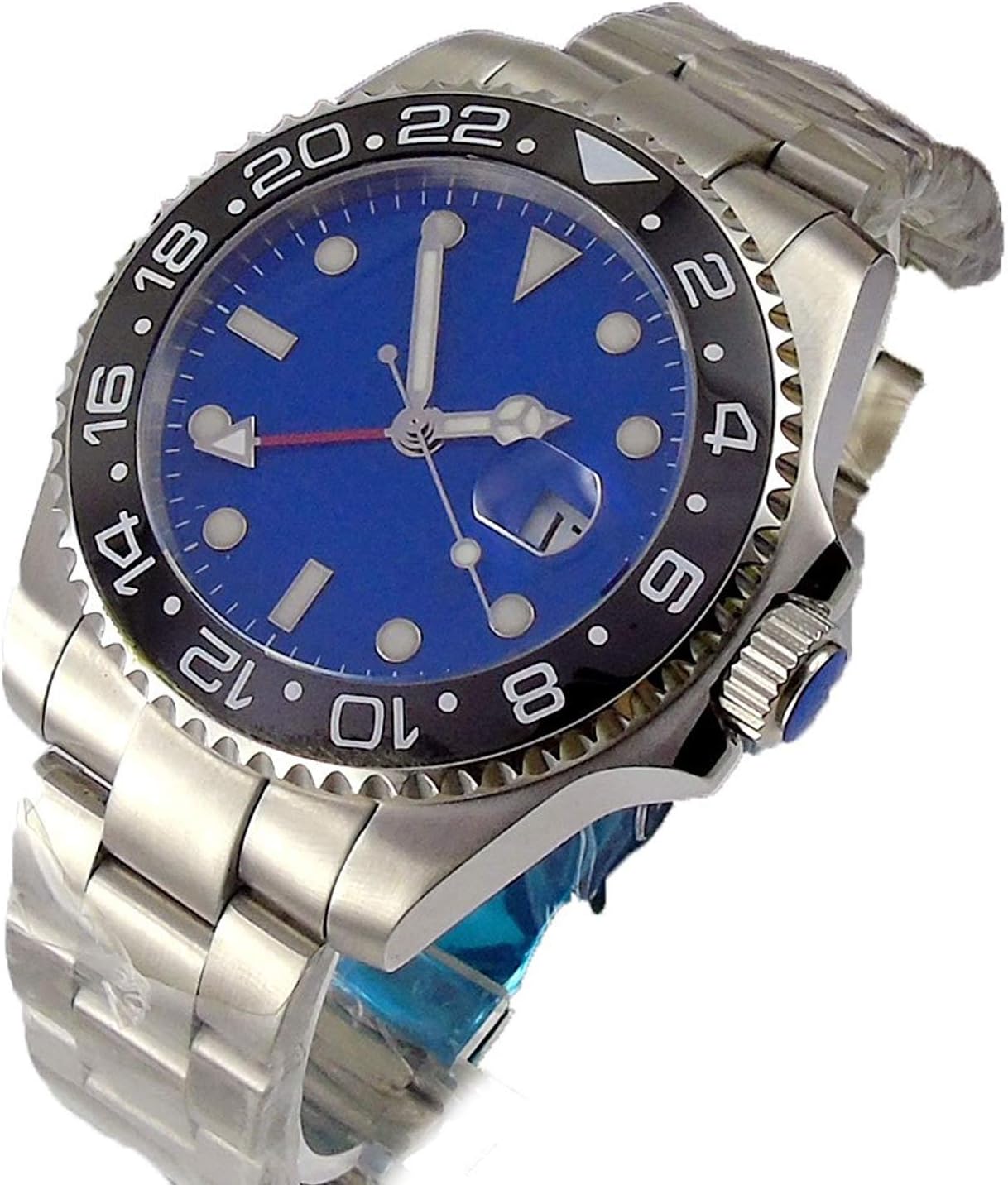 40MM Blue Sterile Dial Black Ceramic Bezel Red GMT Hands Automatic Movement Men's Wrist Watch
