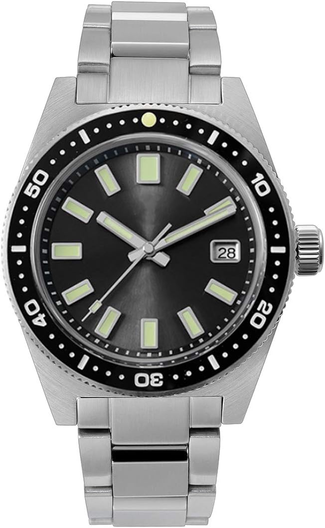 62mas Men's Dive Watch Sapphire Glass Hexagonal Logo NH35 Bracelet Date 20Bar Automatic Mechanical Wrist (Black no Logo)