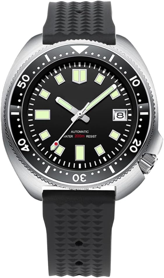 Men’s Watch Automatic NH35 Movement 200M Dive C3 Luminous Ceramic Bezel (Black/No Logo/Rubber)