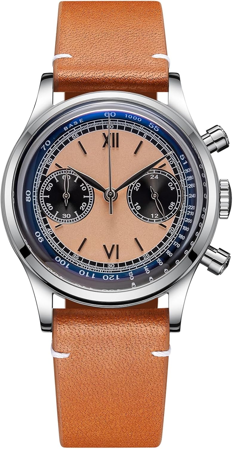 Men's Watch Sweep Seconds Movement Orange Chronograph Dial 100M Waterproof Men's Stainless Steel Case with Brown Leather Casual Strap