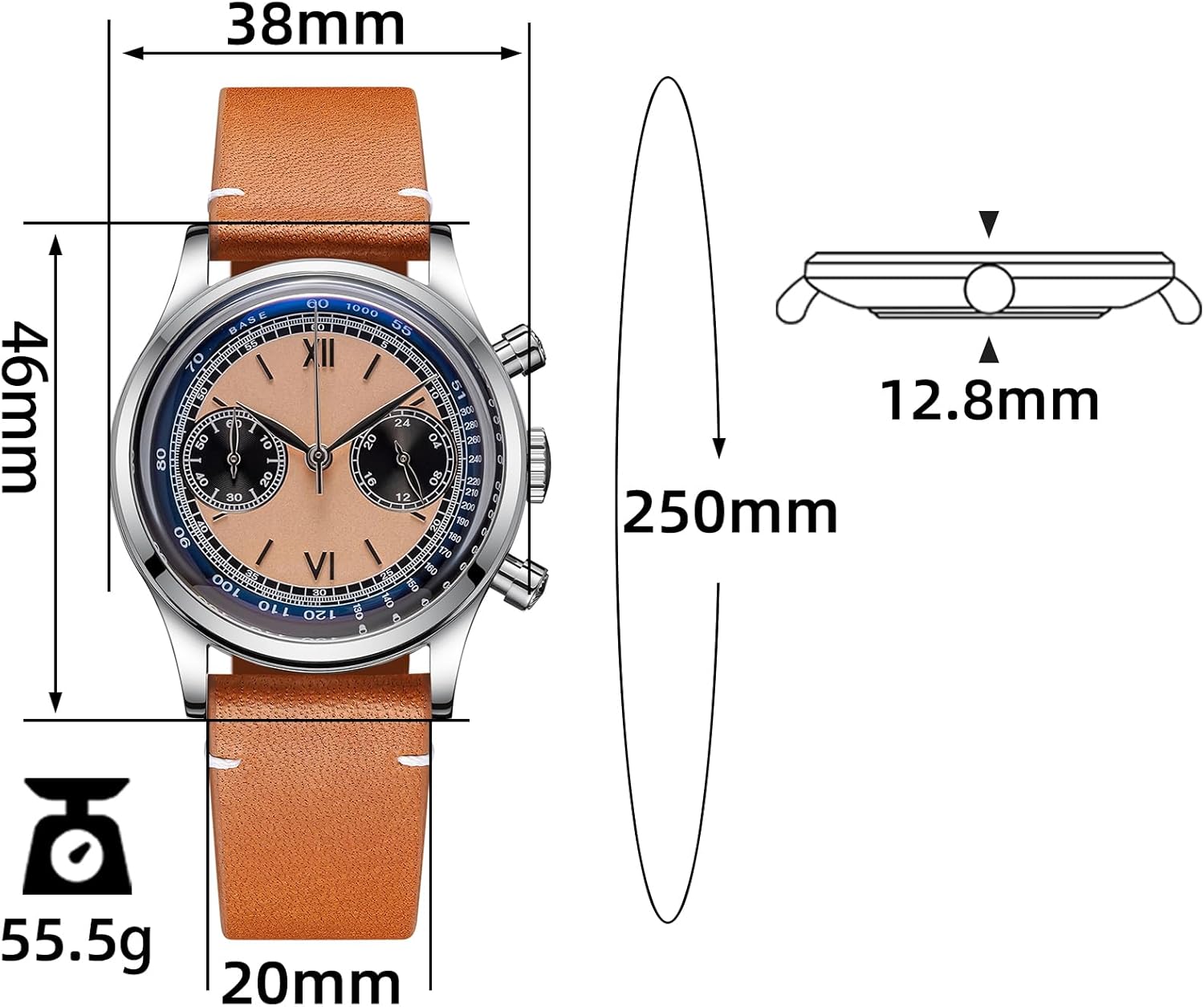 Alternative view of Men's Watch Sweep Seconds Movement Orange Chronograph Dial 100M Waterproof Men's Stainless Steel Case with Brown Leather Casual Strap