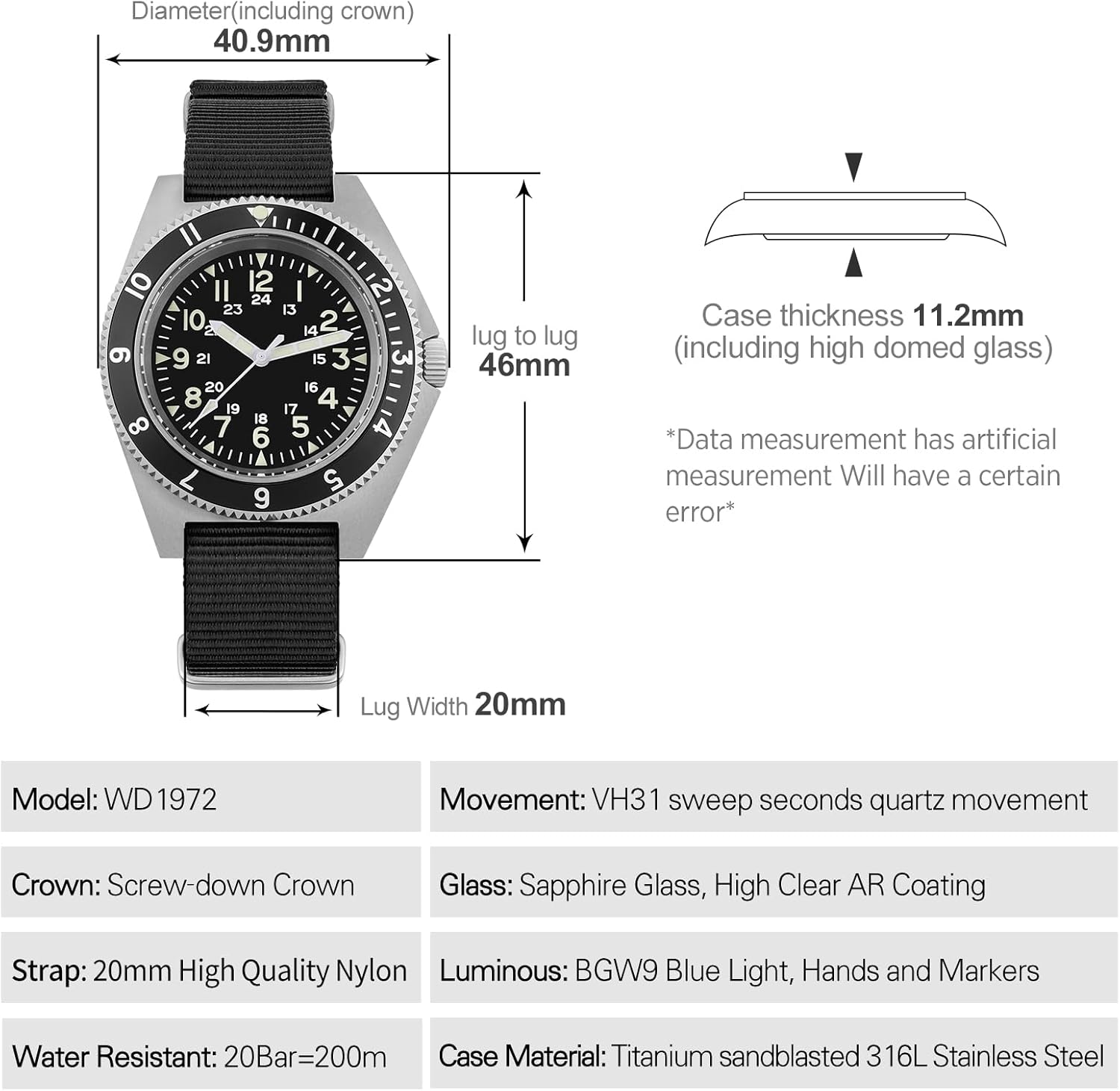 Alternative view of Military Dive Watch VH31 Sweep Second Quartz Sapphire Crystal Luxury 200m Waterproof for Men