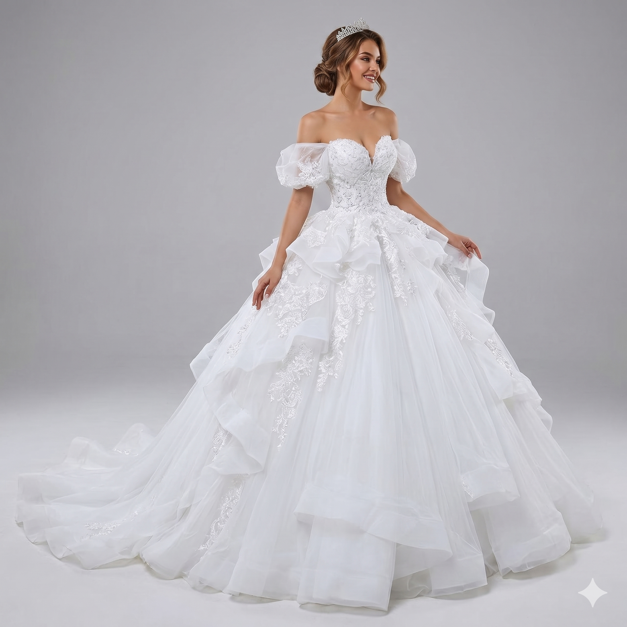Alternative view of Long A-Line Dress with Lace Applique, Chiffon, Long Sleeve for Bride