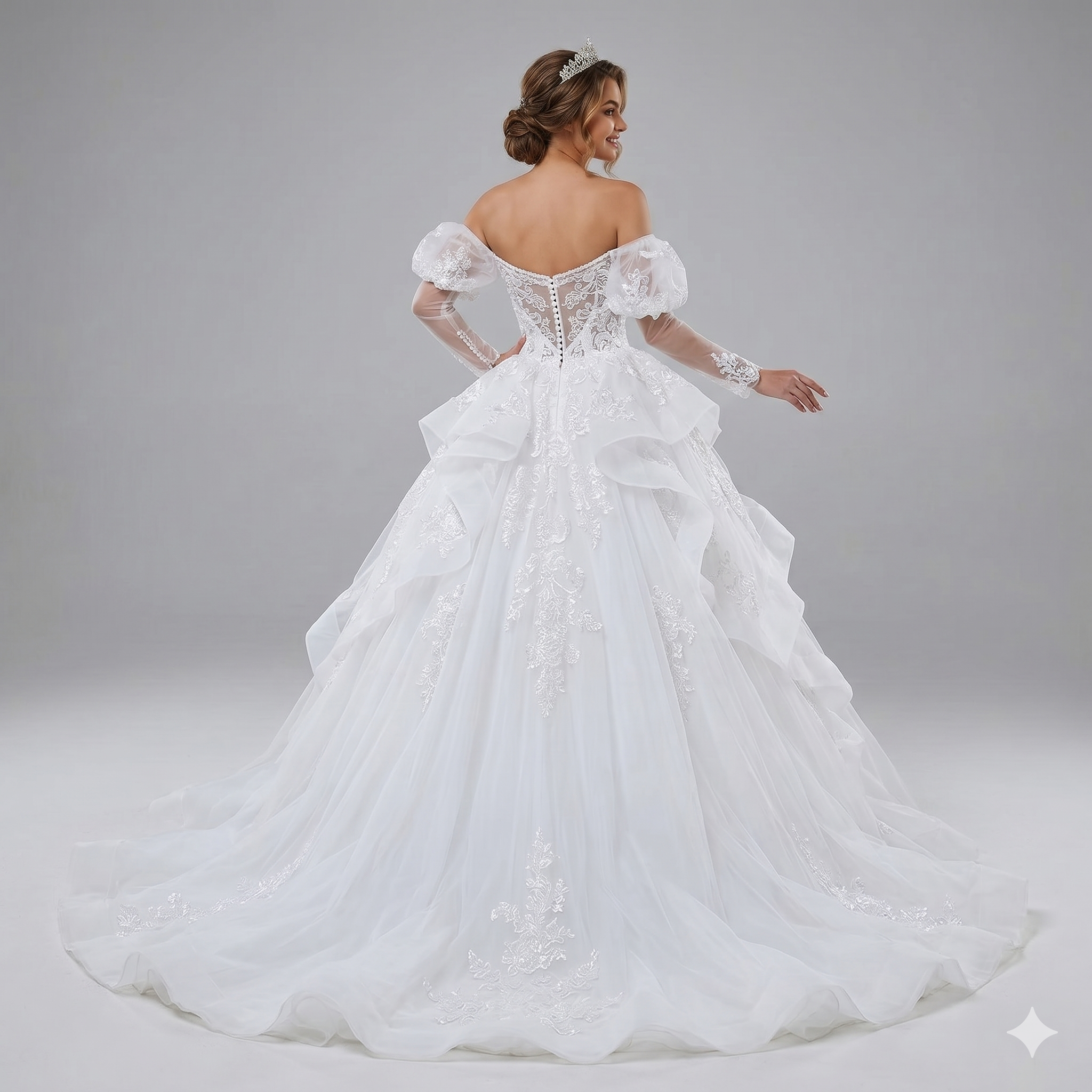 Blyzera Long A-Line Dress with Lace Applique, Chiffon, Long Sleeve for Bride - Image 3