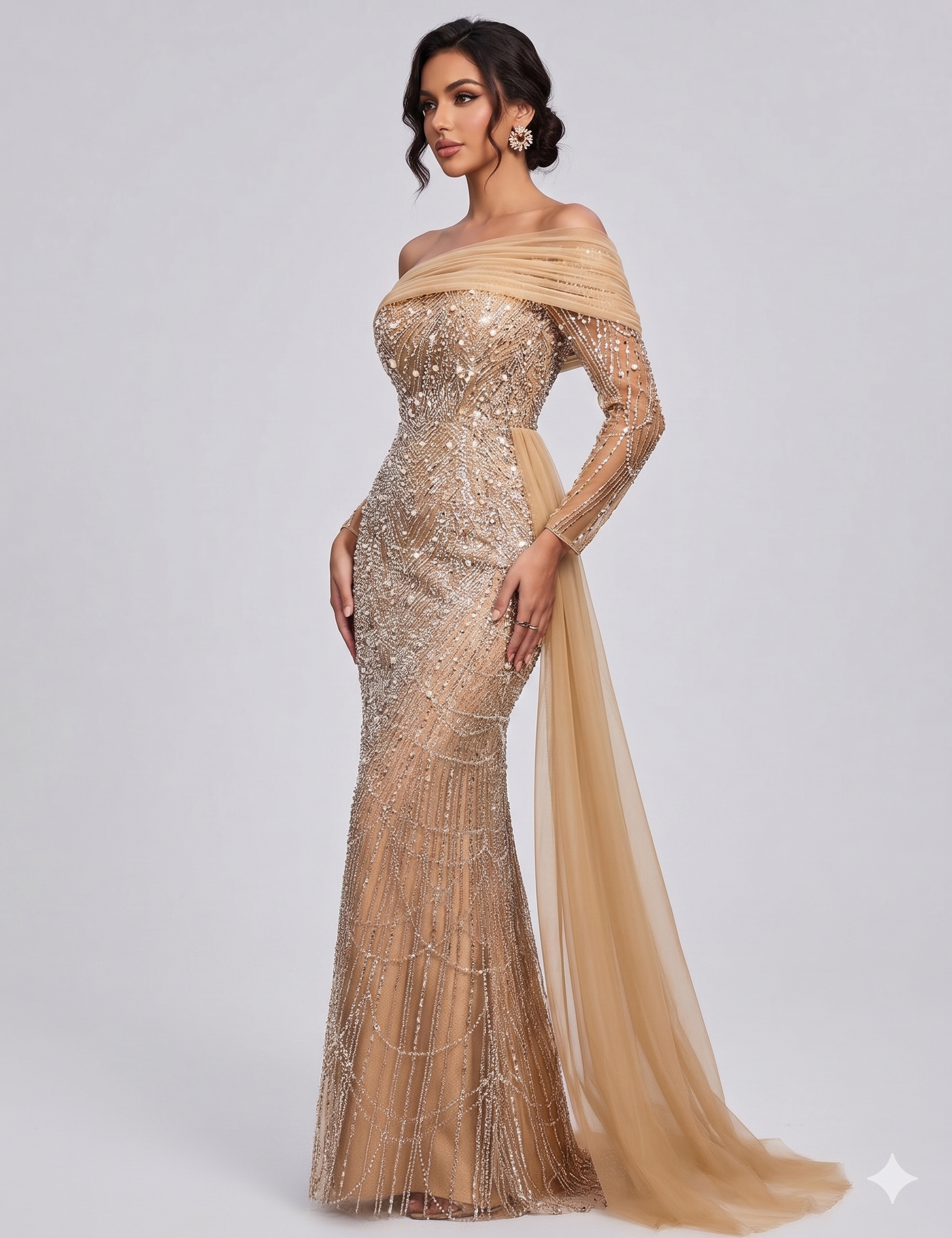 Alternative view of Maxi Mermaid Dress with Sequin, Beaded, Long Sleeve for Prom