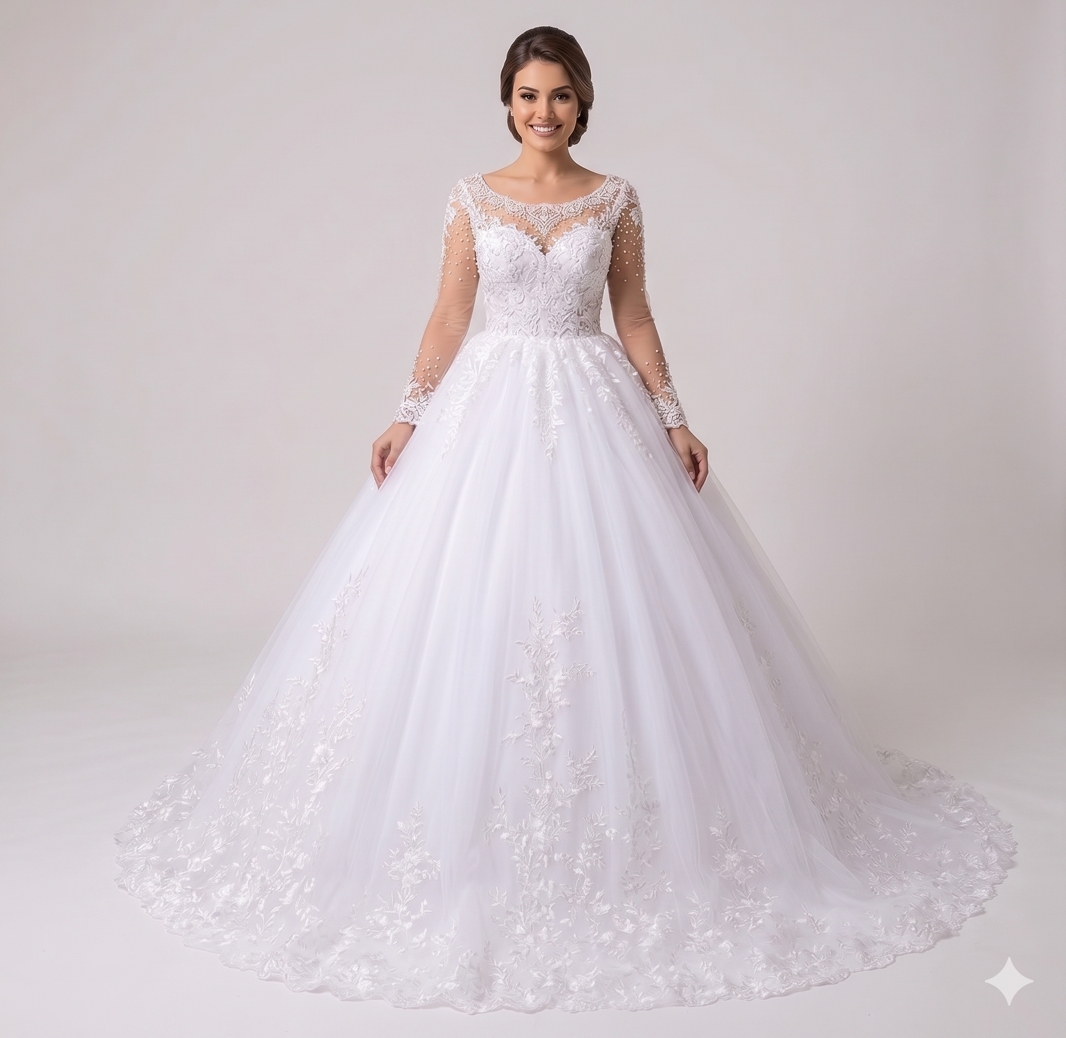 Long Ball Gown with Lace, Sequin, Long Sleeve for Bride