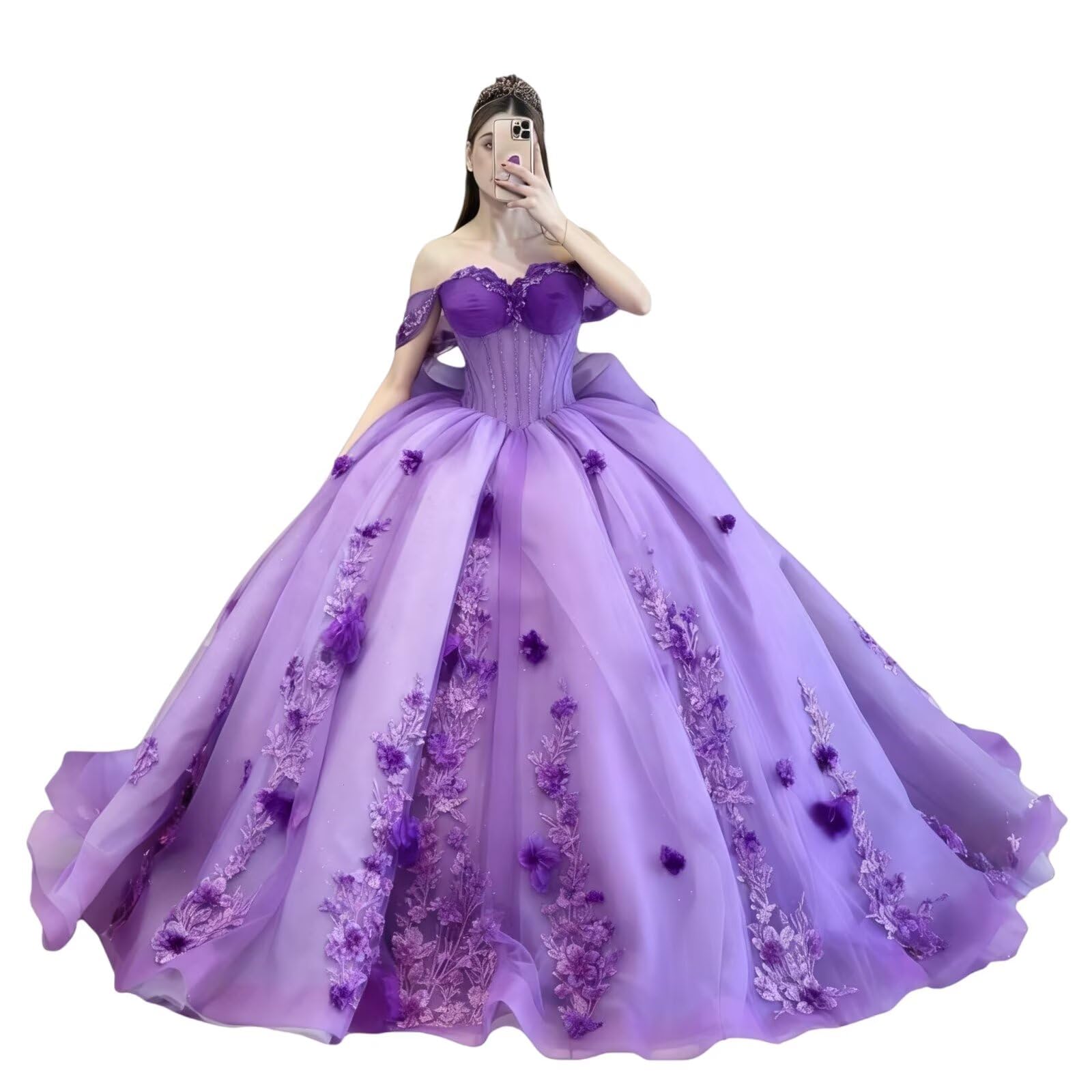 Ball Gown with Tulle, Floral Print, Off-Shoulder for Quinceanera