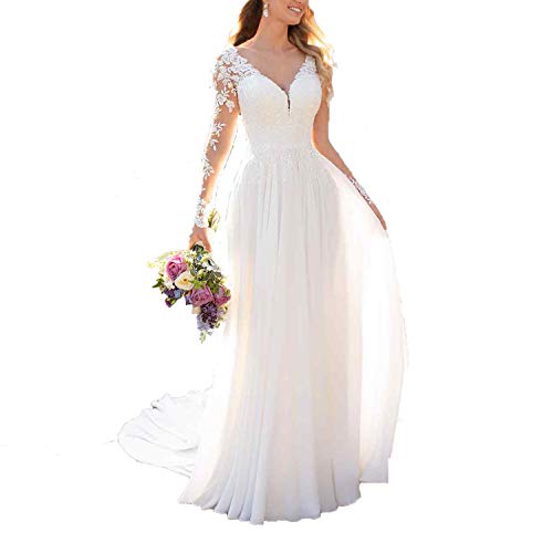 Alternative view of Long A-Line Dress with Lace Applique, Chiffon, Long Sleeve for Bride