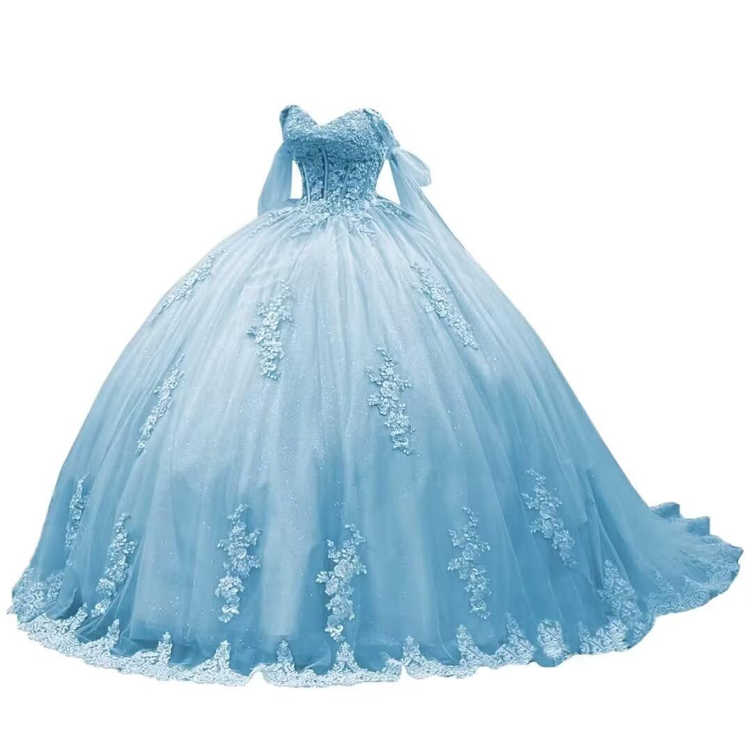 Long Ball Gown with Lace Applique, Tulle, Off-Shoulder for Quinceanera
