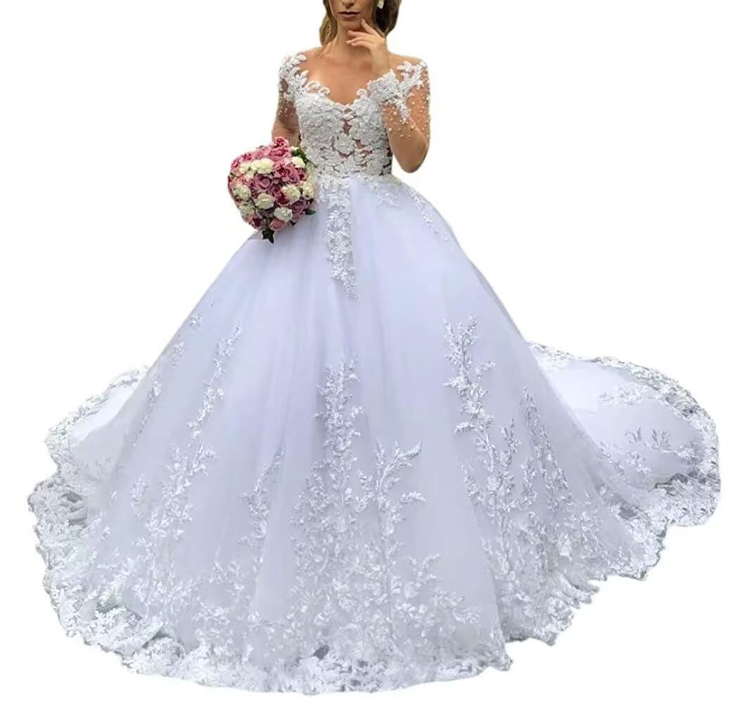 Long Ball Gown with Lace, Sequin, Long Sleeve for Bride