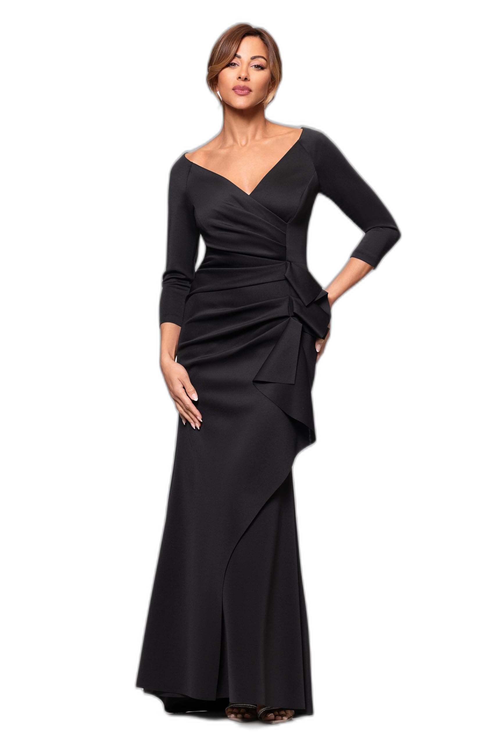 Long Evening Gown with Ruched, V-Neck, 3/4 Sleeve