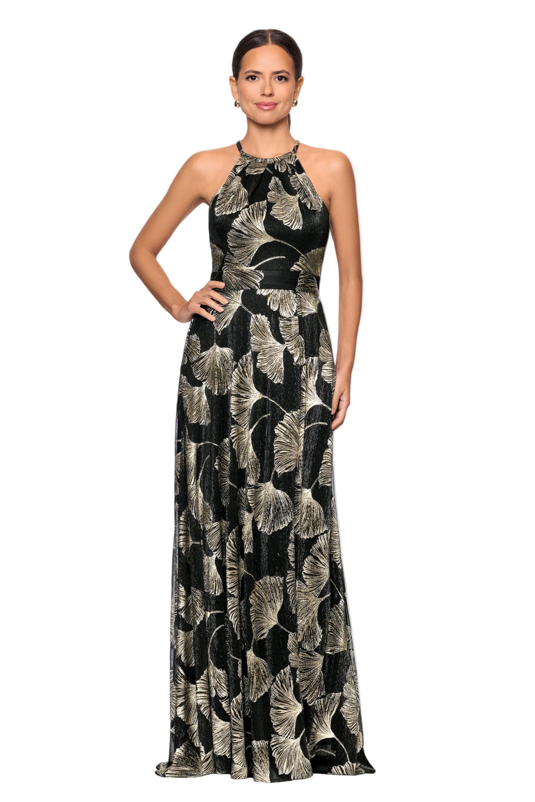Maxi A-Line Dress with Metallic, Printed, Halter Neck