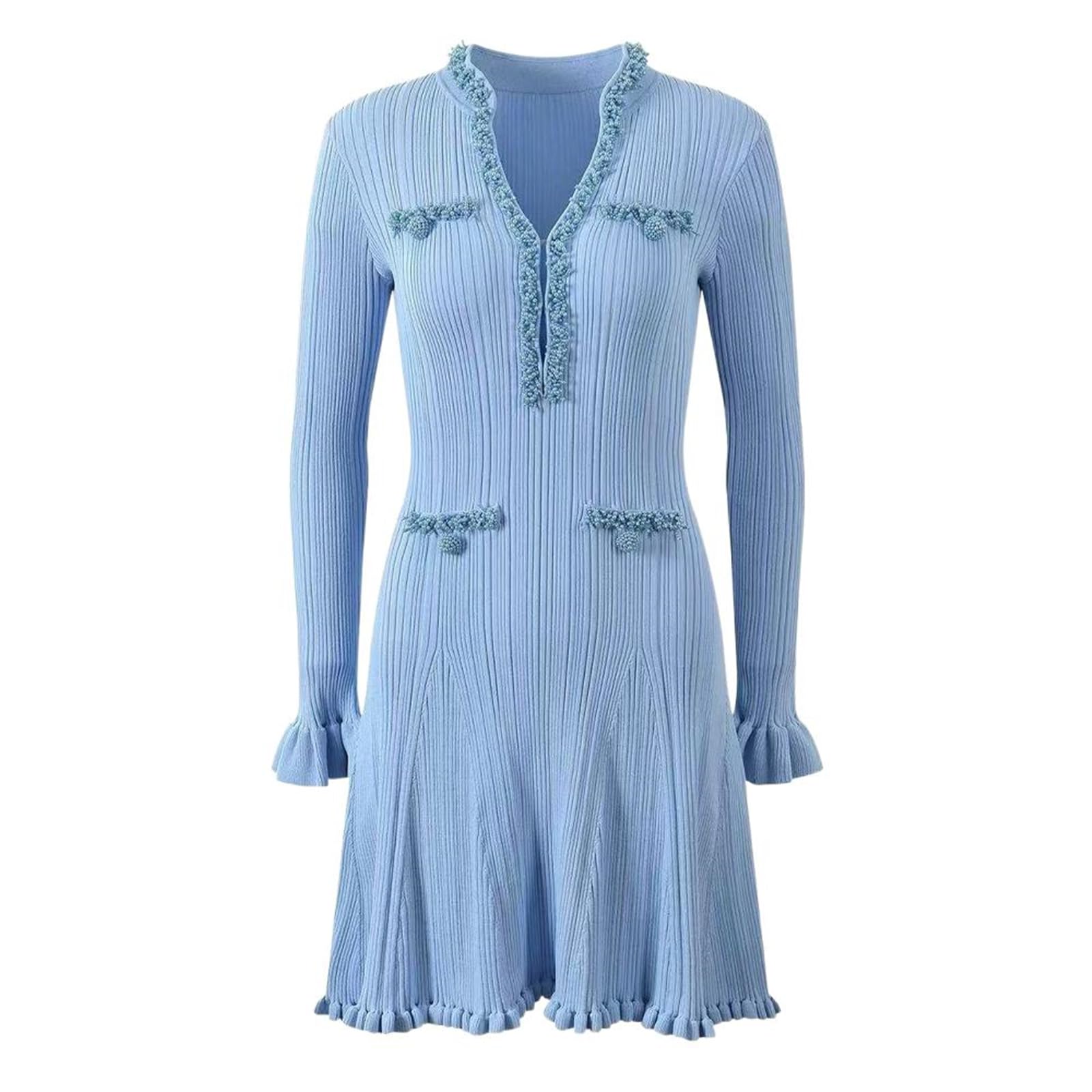 Maxi Bodycon Dress with Knit, Ruffle Trim, V-Neck