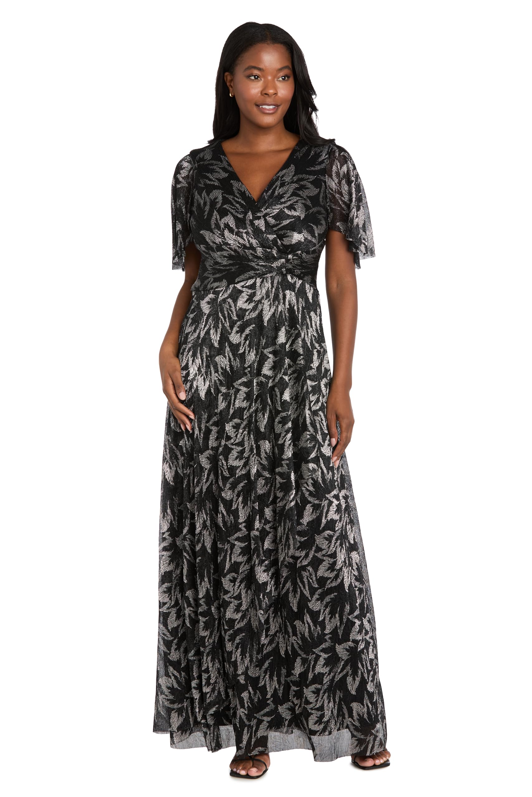 Maxi Evening Gown with Metallic, Printed, Flutter Sleeve Formal Evening