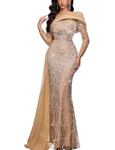 Alternative view of Maxi Mermaid Dress with Sequin, Beaded, Long Sleeve for Prom