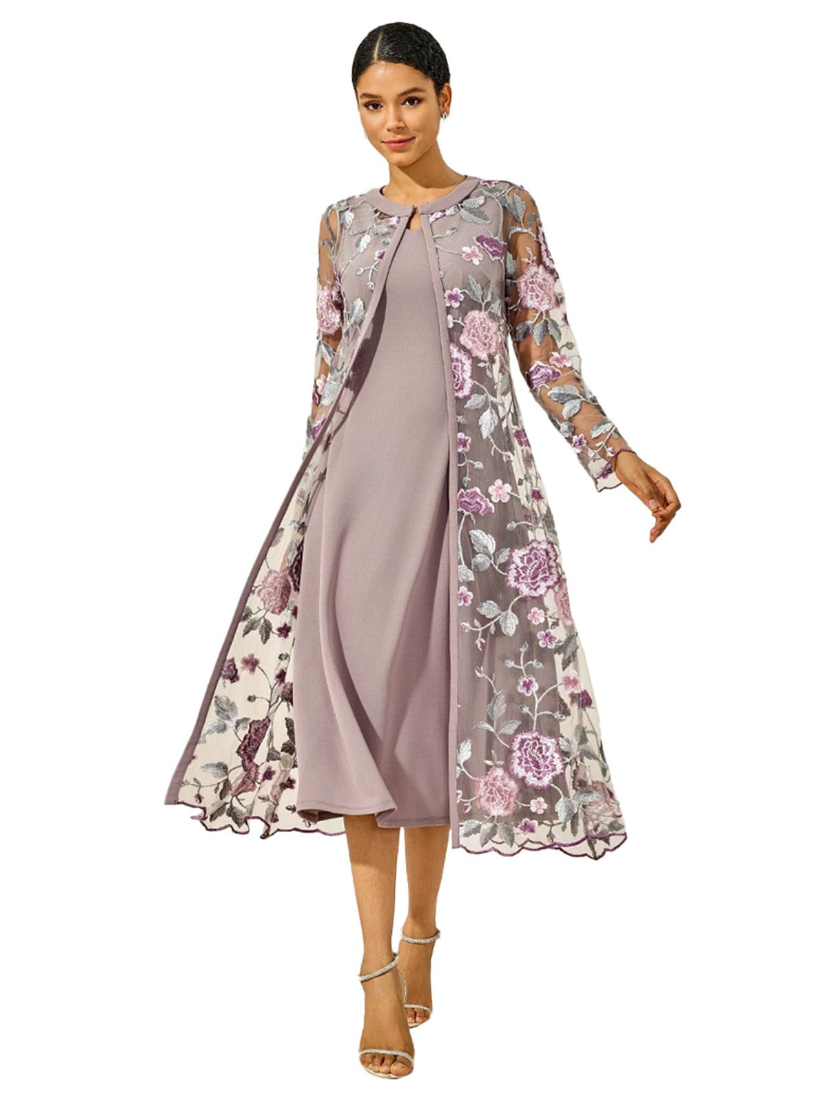 Maxi Two-Piece Dress with Lace, Floral Print, Ruffle Trim for Wedding Guest