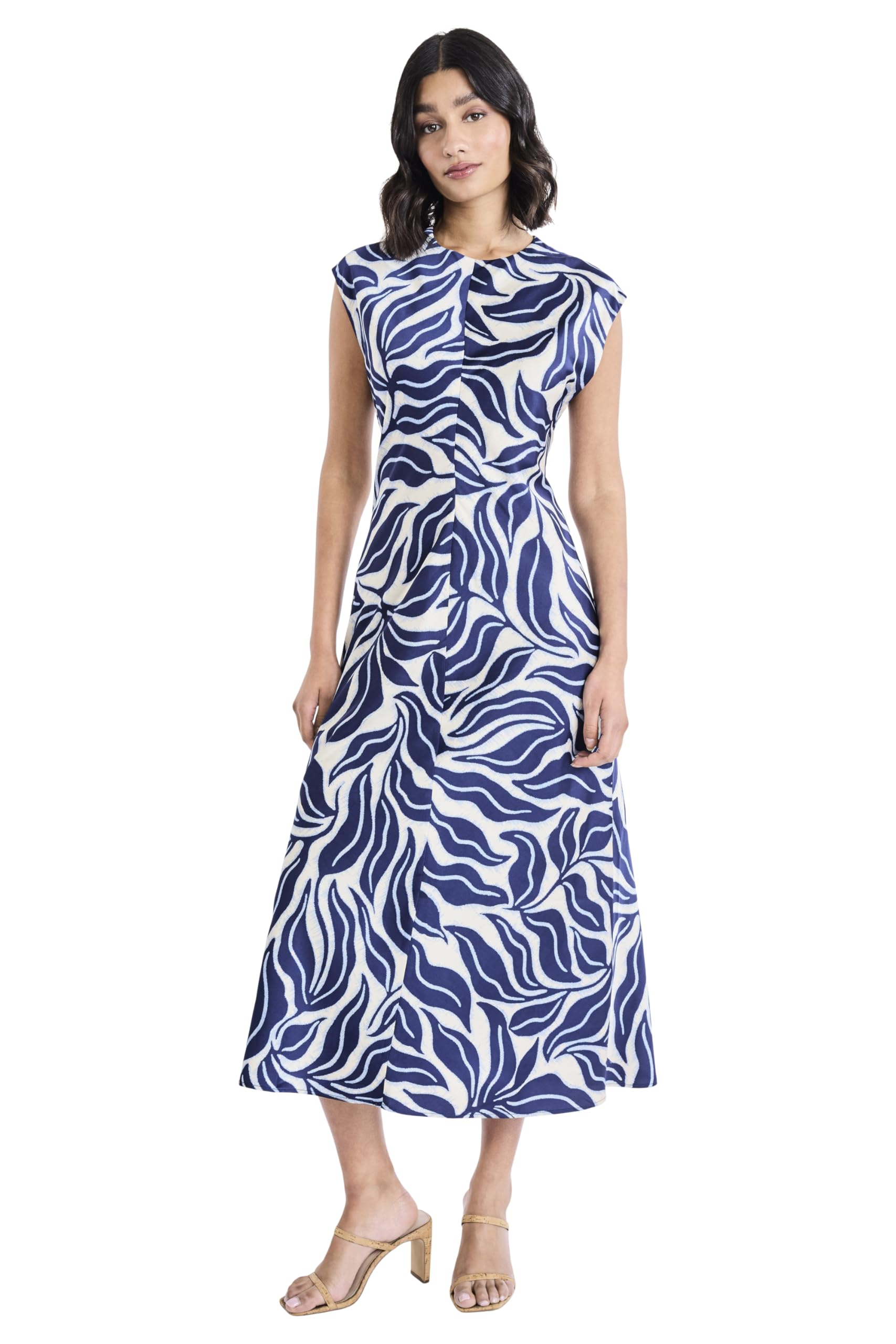 Midi A-Line Dress with Round Neck, Cap Sleeve for Wedding Guest