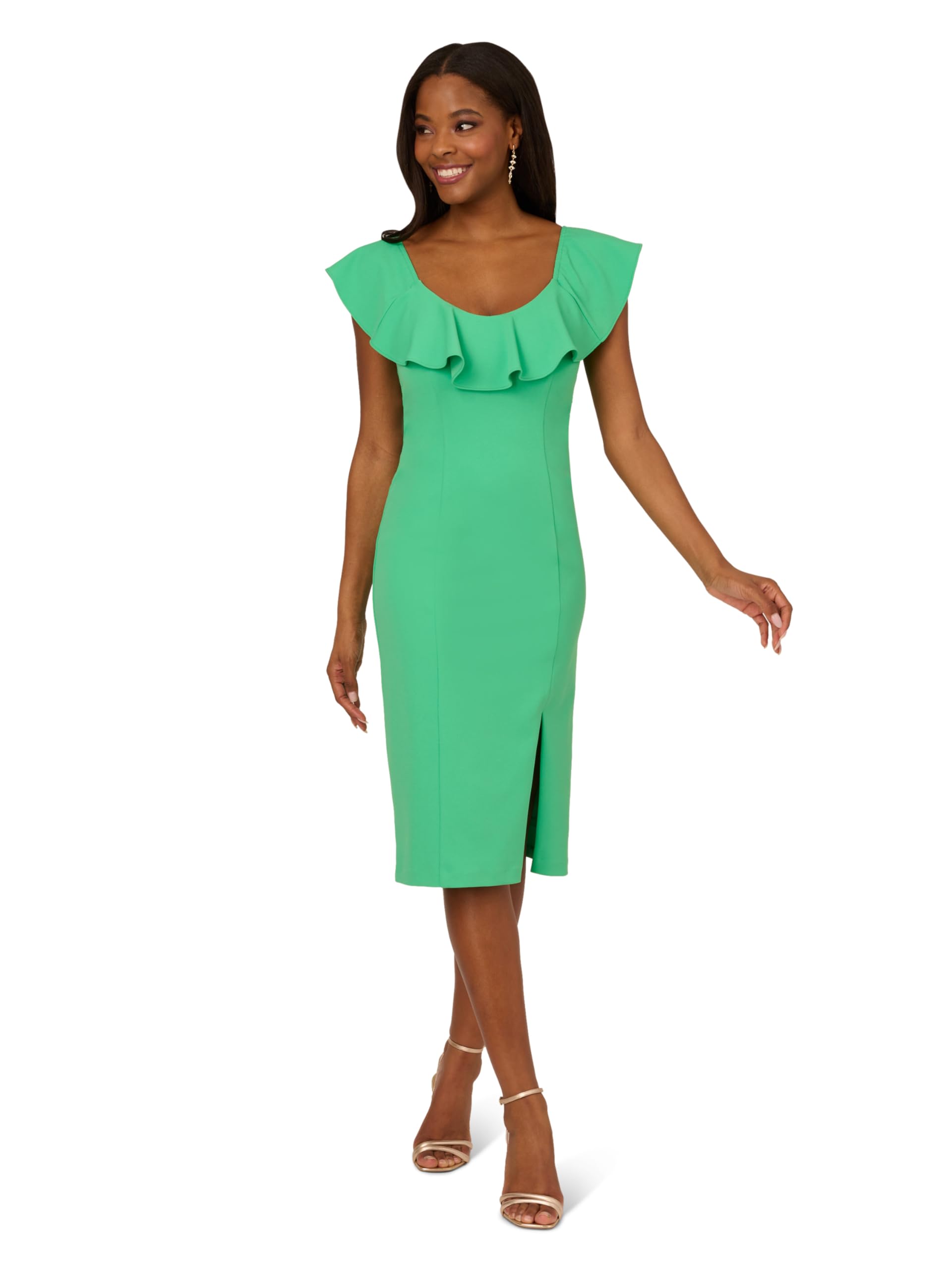 Midi Dress with Crepe, Knit, Ruffle Trim