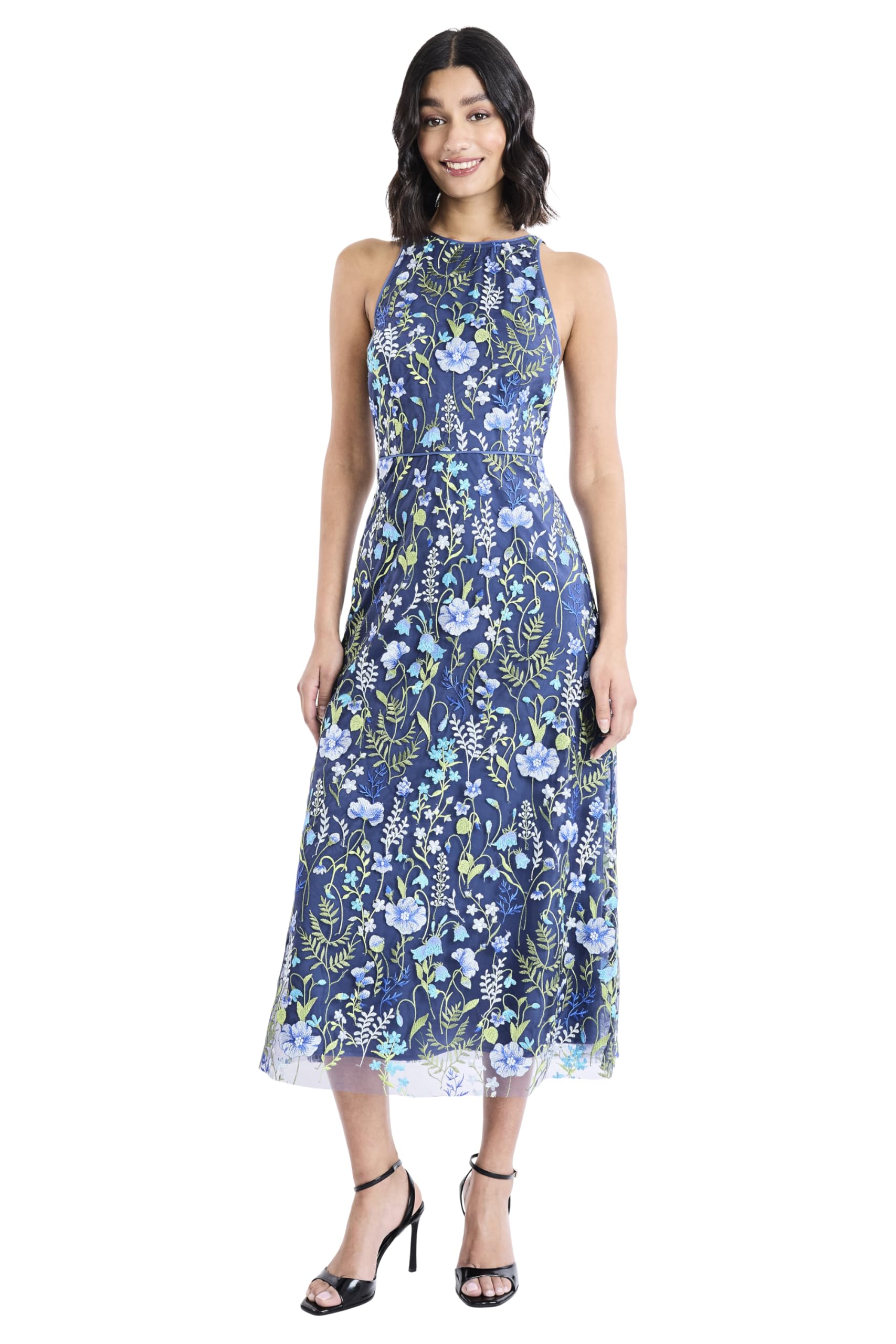 Midi Dress with Embroidered, Floral Print, Halter Neck