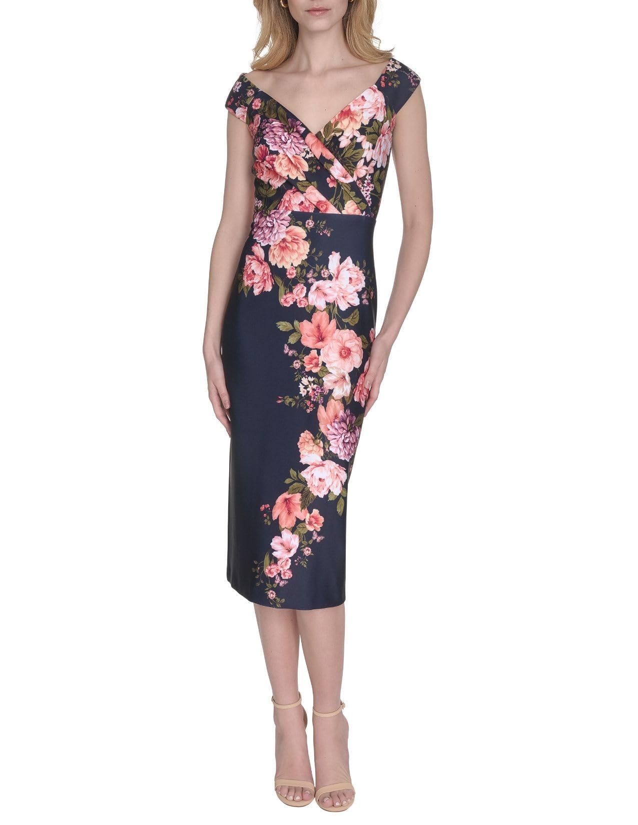 Midi Dress with Floral Print, Short Sleeve