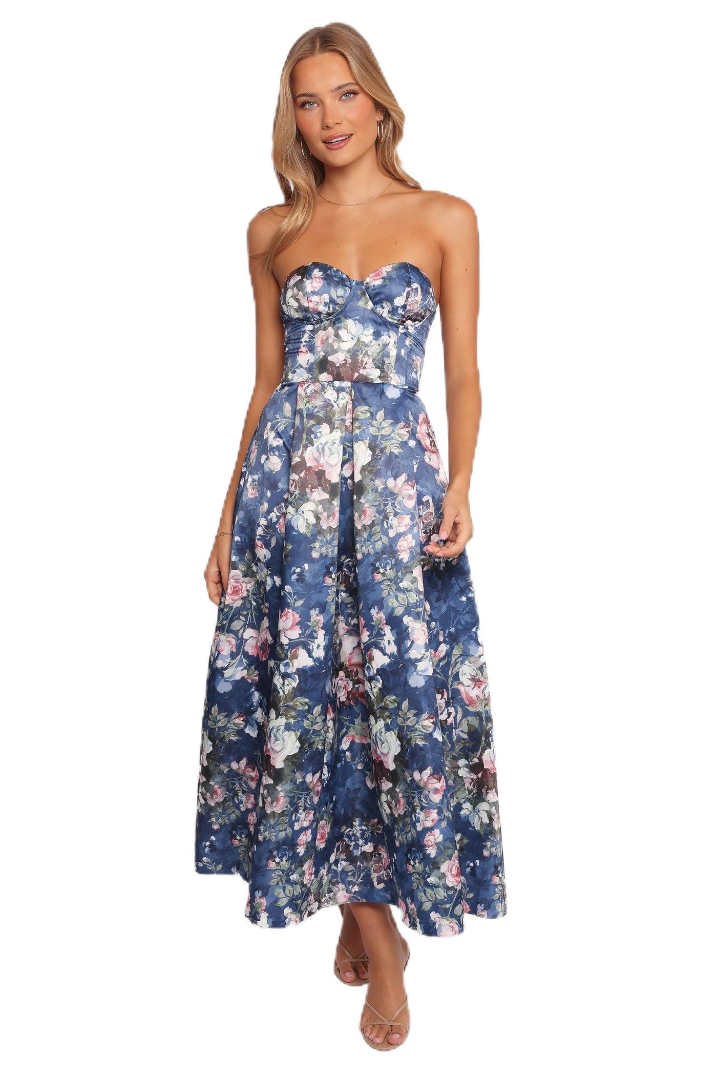 Midi Dress with Floral Print, Strapless