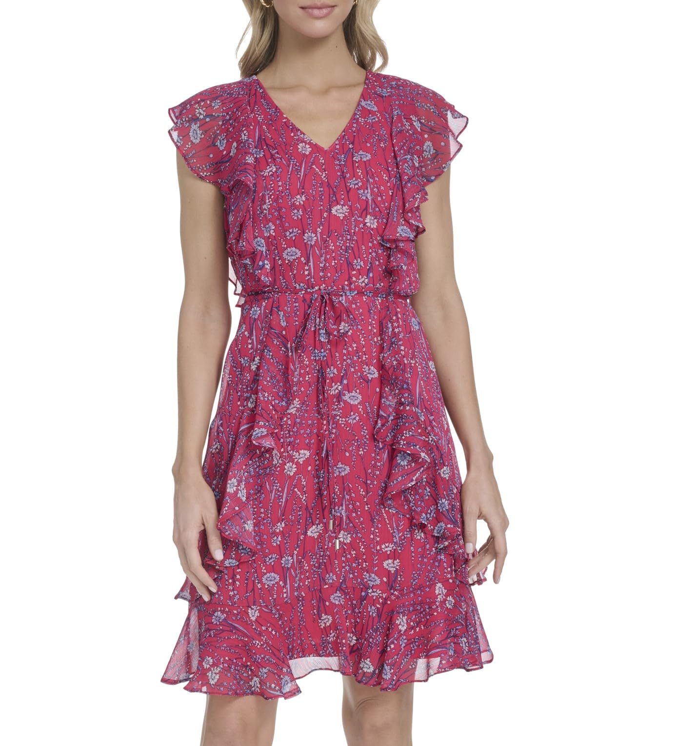 Mini Dress with Chiffon, Ruffle Trim, V-Neck