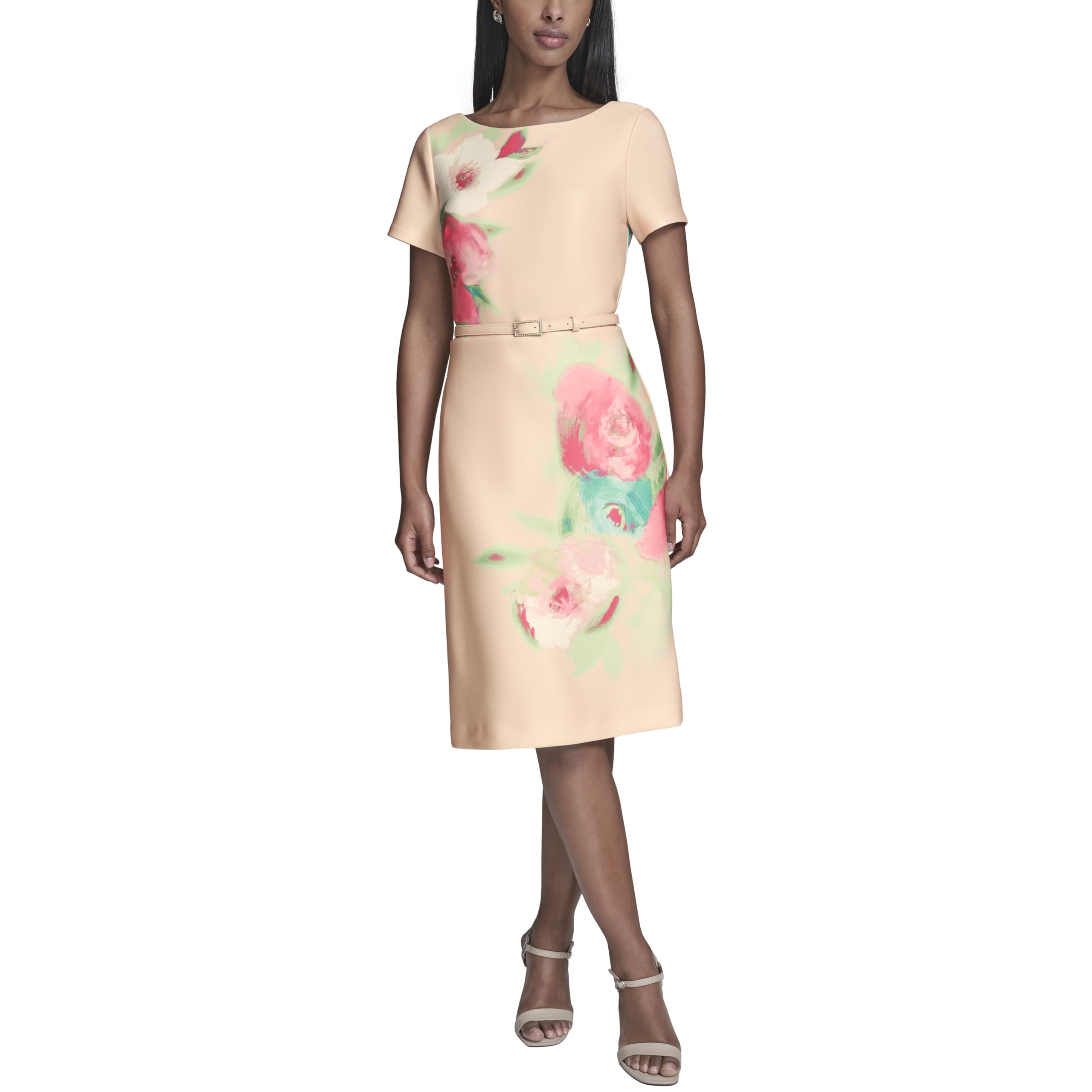 Short A-Line Dress with Scuba, Printed, Crew Neck