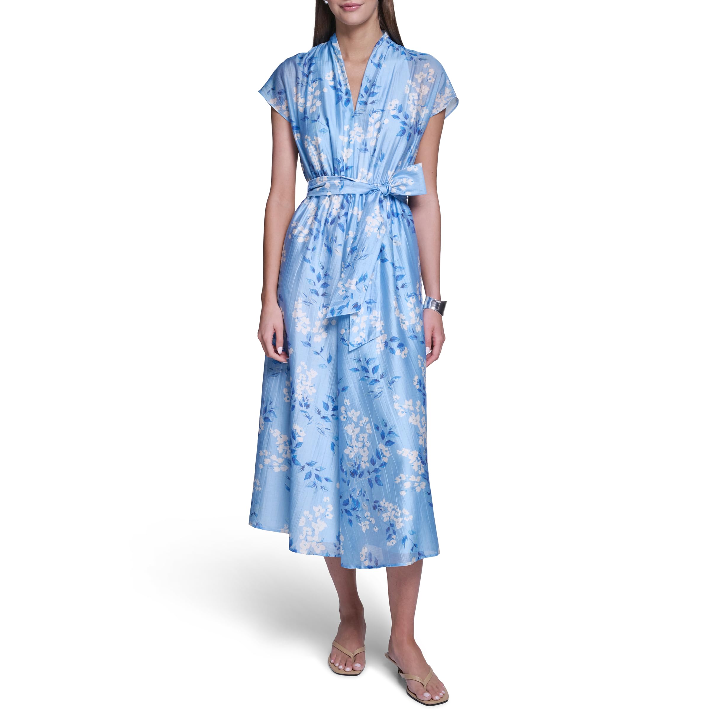 Short Dress with Printed, Ruched, Short Sleeve