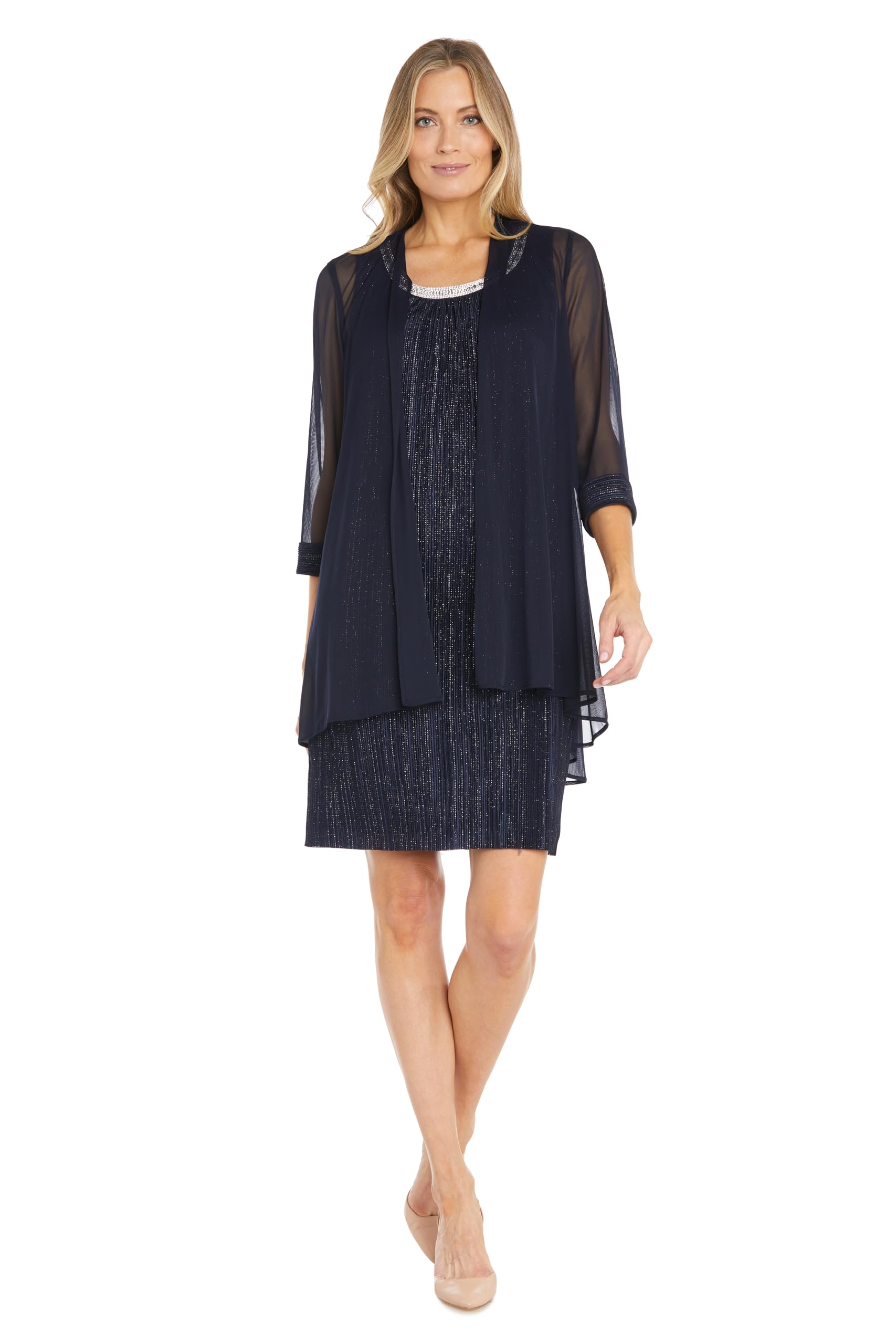 Blyzera Women's 2-Piece Chiffon Jacket & Pleated Bodre Shift With Embellished Neckline For Mother Of The Bride, Cocktail