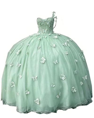 Alternative view of Blyzera Women's 2026 Cute Floral Flower And Butterflies Ball Gown One Shoulder Prom Quinceanera Dresses Drop Waist Lace