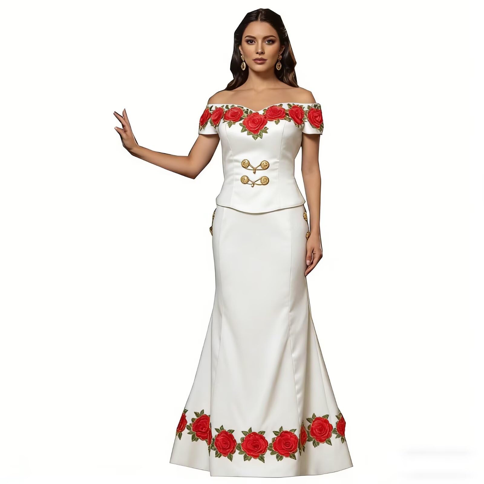 Blyzera Women's 2026 Gold Buttons Designer Mermaid Satin Prom Quinceanera Formal Dresses With Sleeves Floral Flowers Red