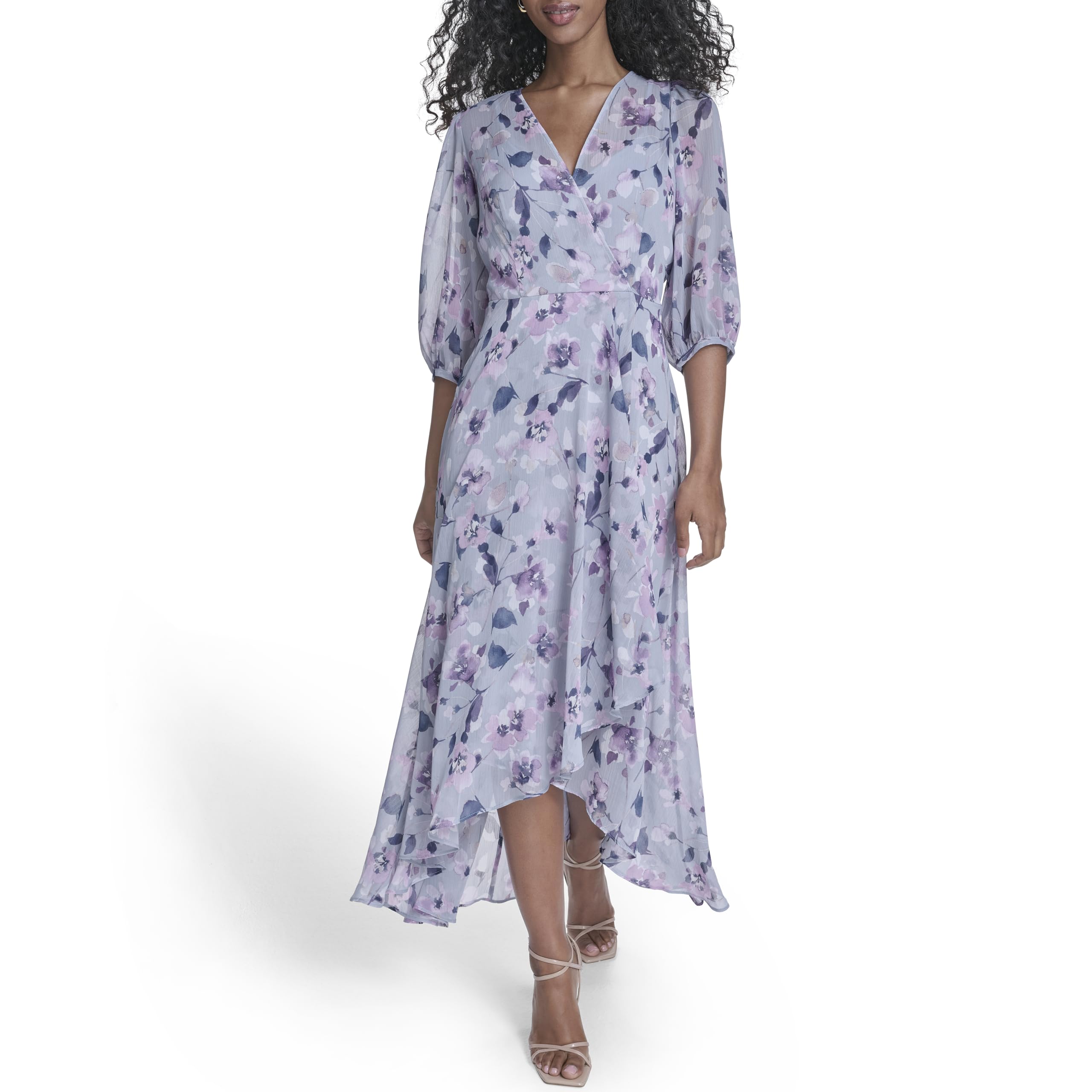 Blyzera Women's 3 4 Balloon Sleeve V-Neck Belted Wrap Midi Dress Chiffon
