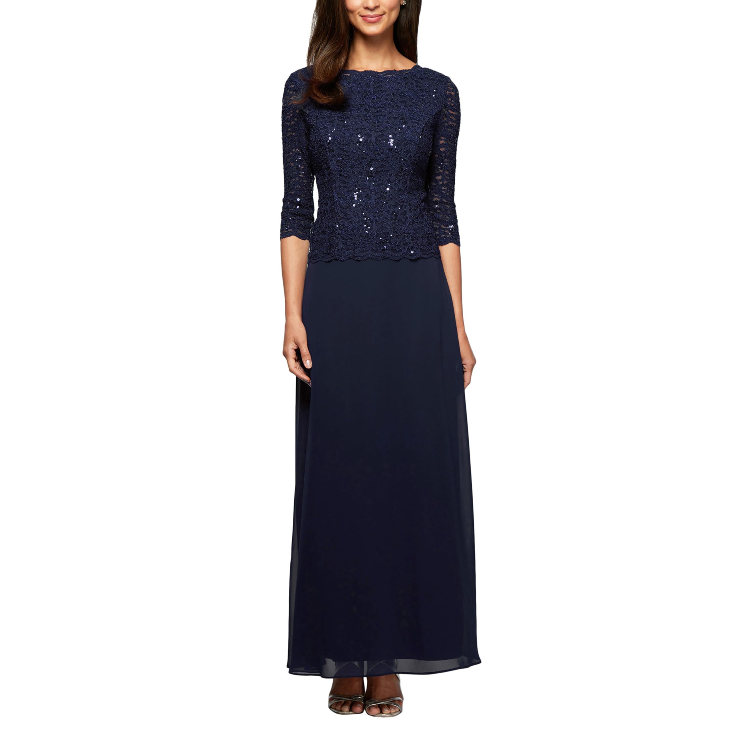 Blyzera Women's 3 4 Sleeve Stretch Lace Bodice Mock One Piece Gown Chiffon