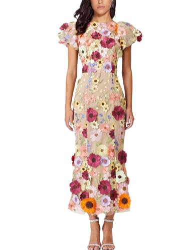 Alternative view of Blyzera Women's 3D Floral Embroidery Dress Ruffle Sleeve Fishtail Lace Bodycon Party Cocktail Mini Dress