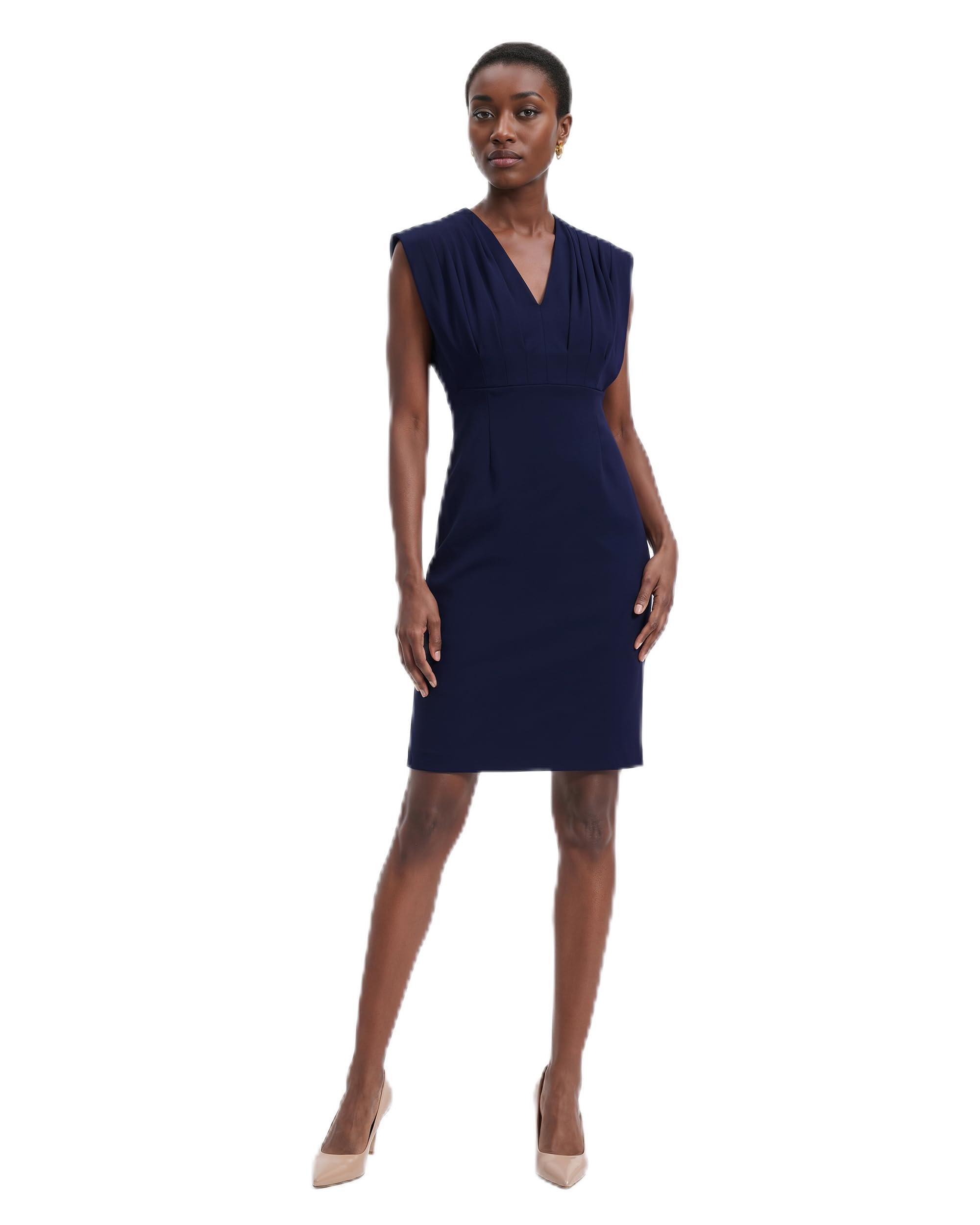 Blyzera Women's Anne Klein Cap Sleeve V-Neck Pleated Bodice Cool Crepe Sheath Dress Red