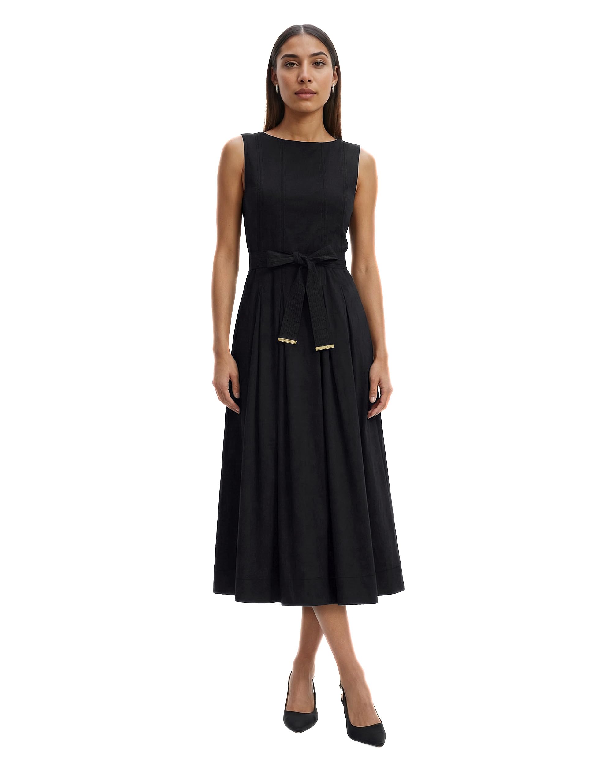 Blyzera Women's Anne Klein Paneled Bodice Jewel Neck Cotton Sateen Midi Dress Red