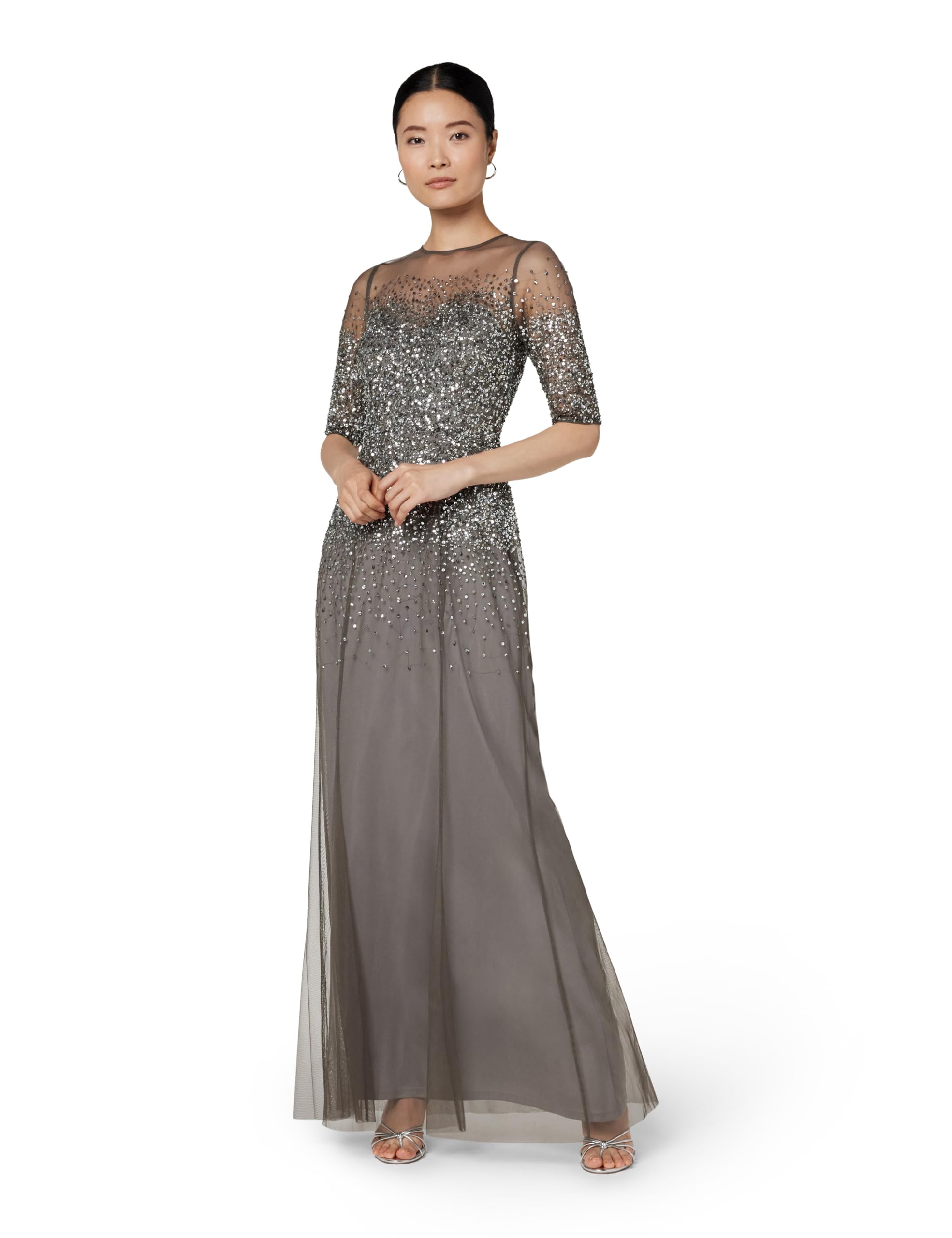 Blyzera Women's Beaded Illusion Dress | Long Sequin Evening Dress With Fitted Bodice & Tulle Skirt Overlay Red