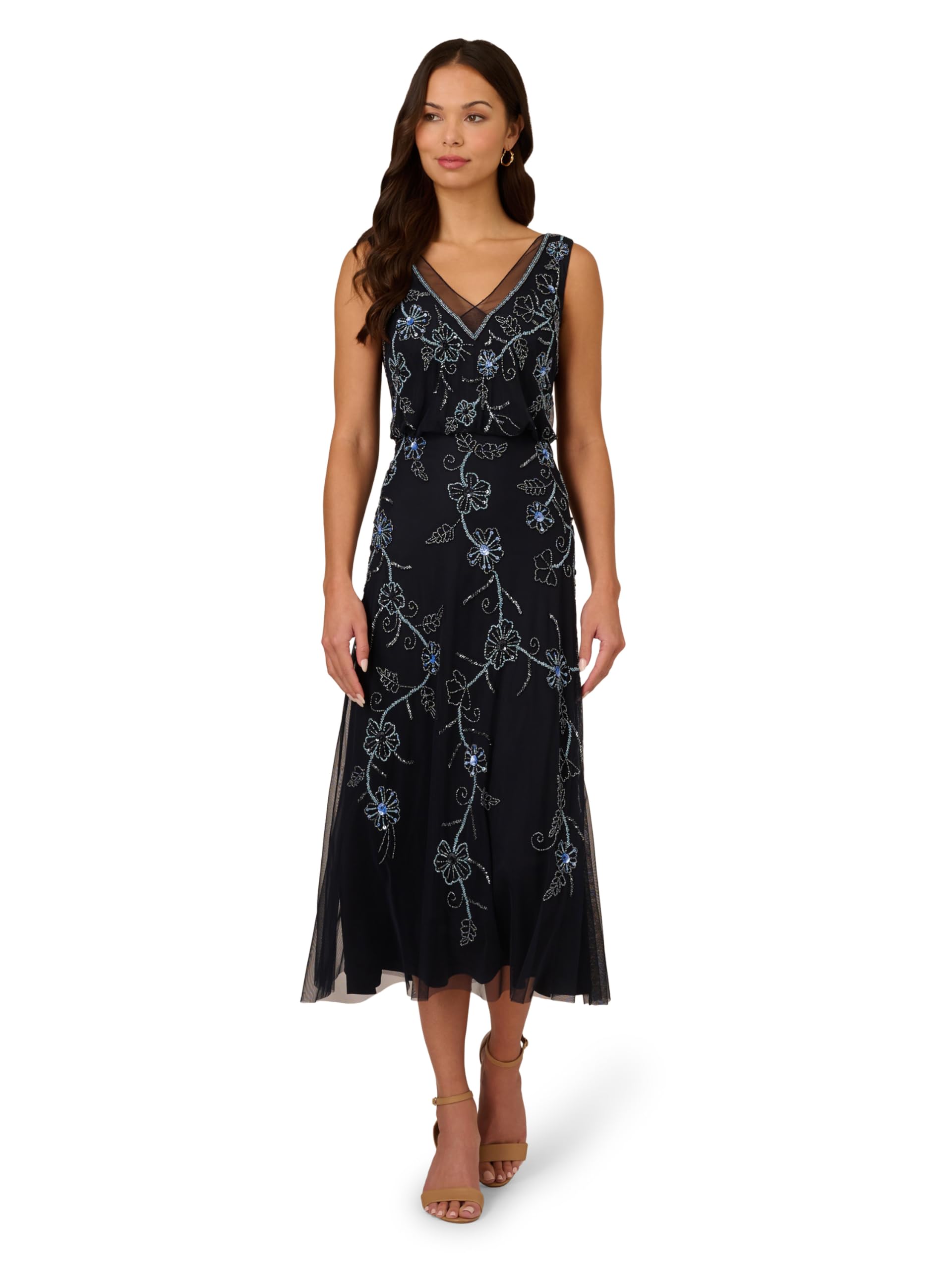 Blyzera Women's Beaded Midi Dress Floral Elegant Occasion Party Wear Fashion