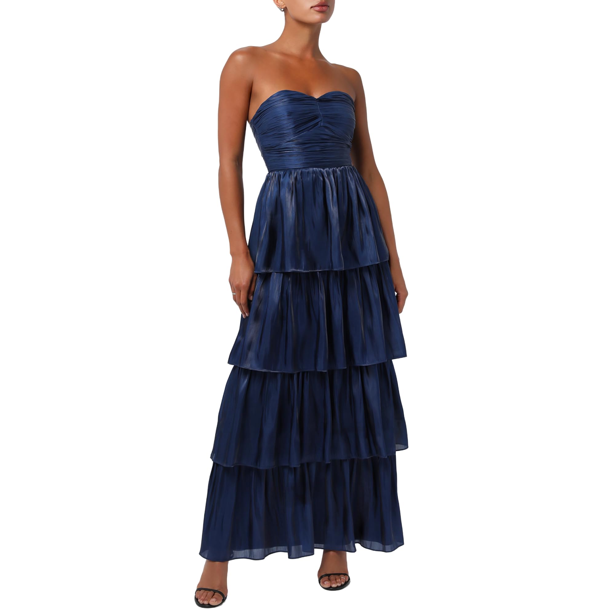 Blyzera Women's Bella Tiered Maxi Dress For Women Elegant Strapless Pleated Sweetheart Bodice, Satin Formal A-Line Maxi
