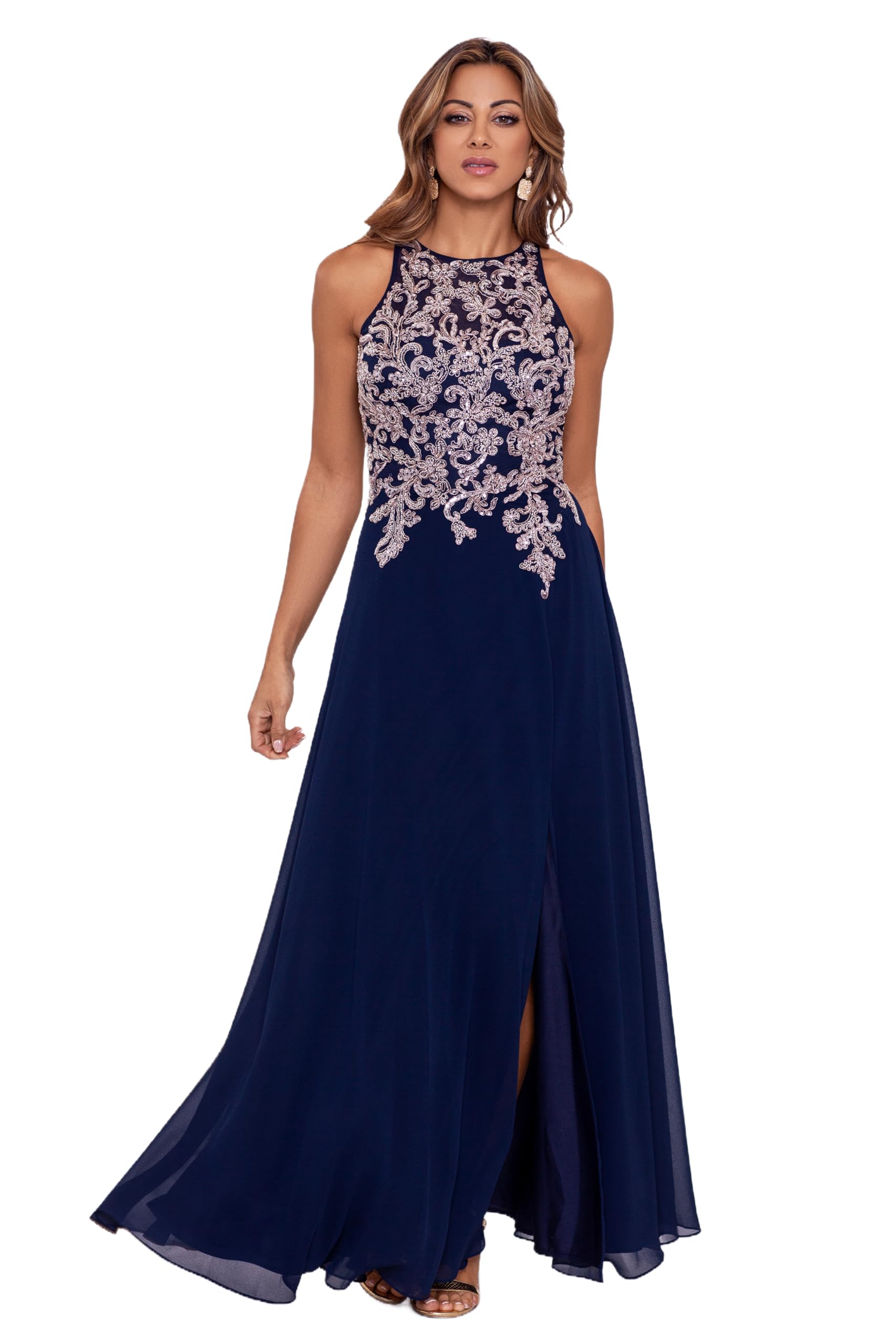 Blyzera Women's Betsy & Adam Betsy & Adam Sleeveless, Floor-Length, Gown With Embroidered Illusion Bodice And Flowing