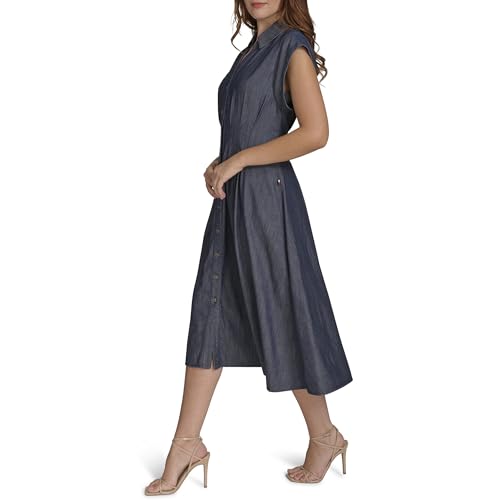 Blyzera Women's Cap Sleeve Collared Waist Pleating A-Line Midi Shirt Dress - Image 3