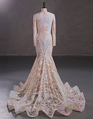 Blyzera Women's Deep V-Neck Sequins Long Sleeves Mermaid Evening Dress Lace - Image 6