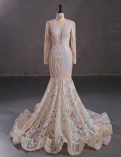 Blyzera Women's Deep V-Neck Sequins Long Sleeves Mermaid Evening Dress Lace - Image 3