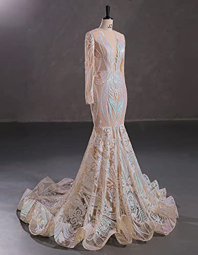 Blyzera Women's Deep V-Neck Sequins Long Sleeves Mermaid Evening Dress Lace - Image 4