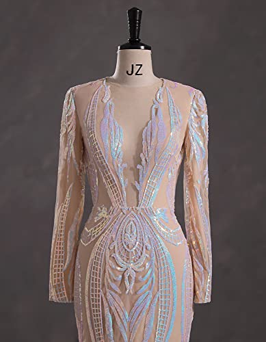 Blyzera Women's Deep V-Neck Sequins Long Sleeves Mermaid Evening Dress Lace - Image 7