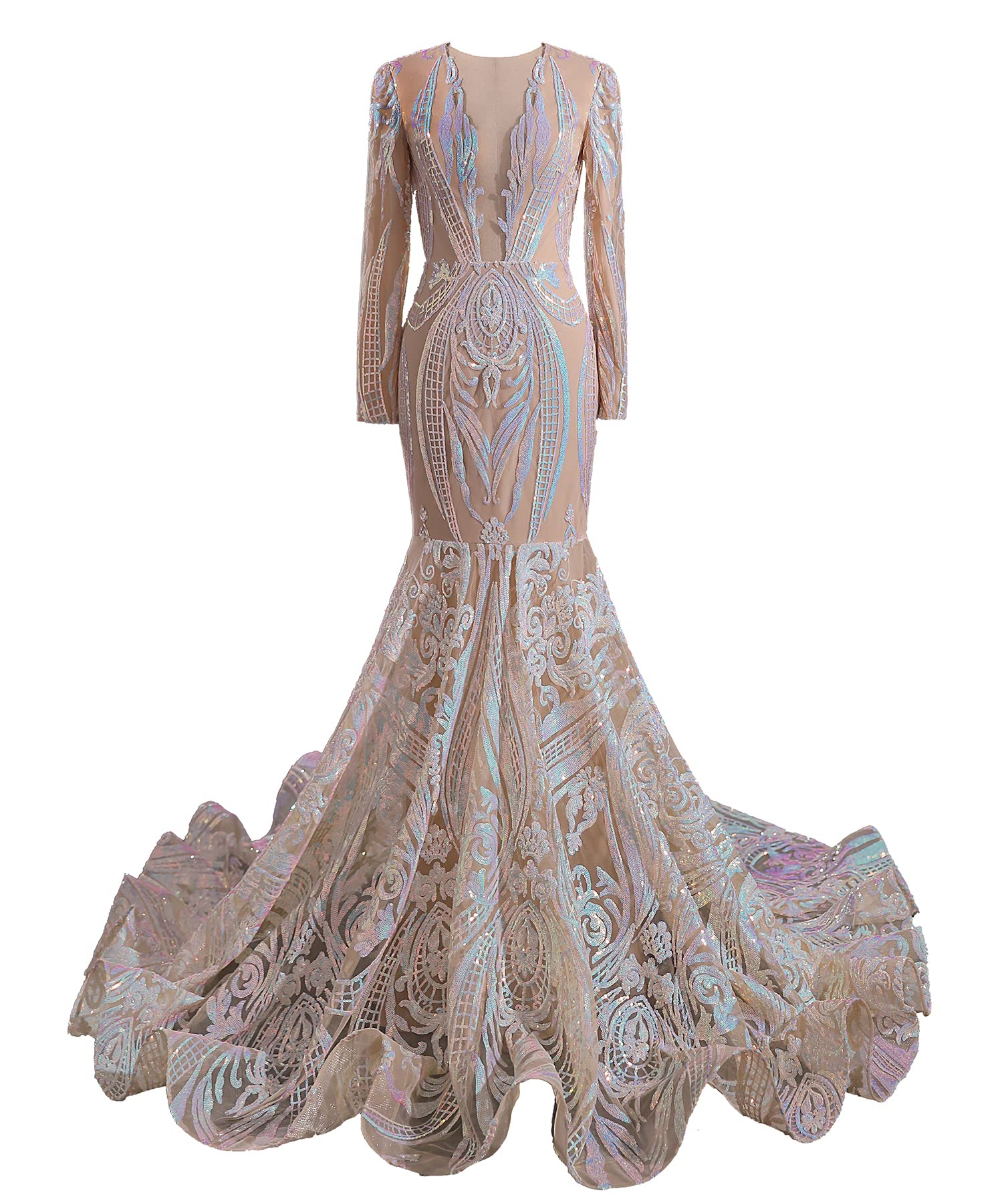 Blyzera Women's Deep V-Neck Sequins Long Sleeves Mermaid Evening Dress Lace