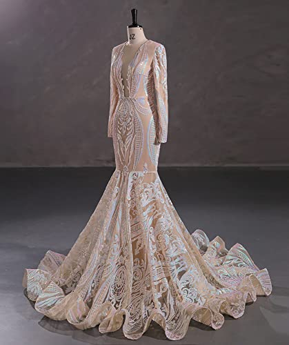 Blyzera Women's Deep V-Neck Sequins Long Sleeves Mermaid Evening Dress Lace - Image 5