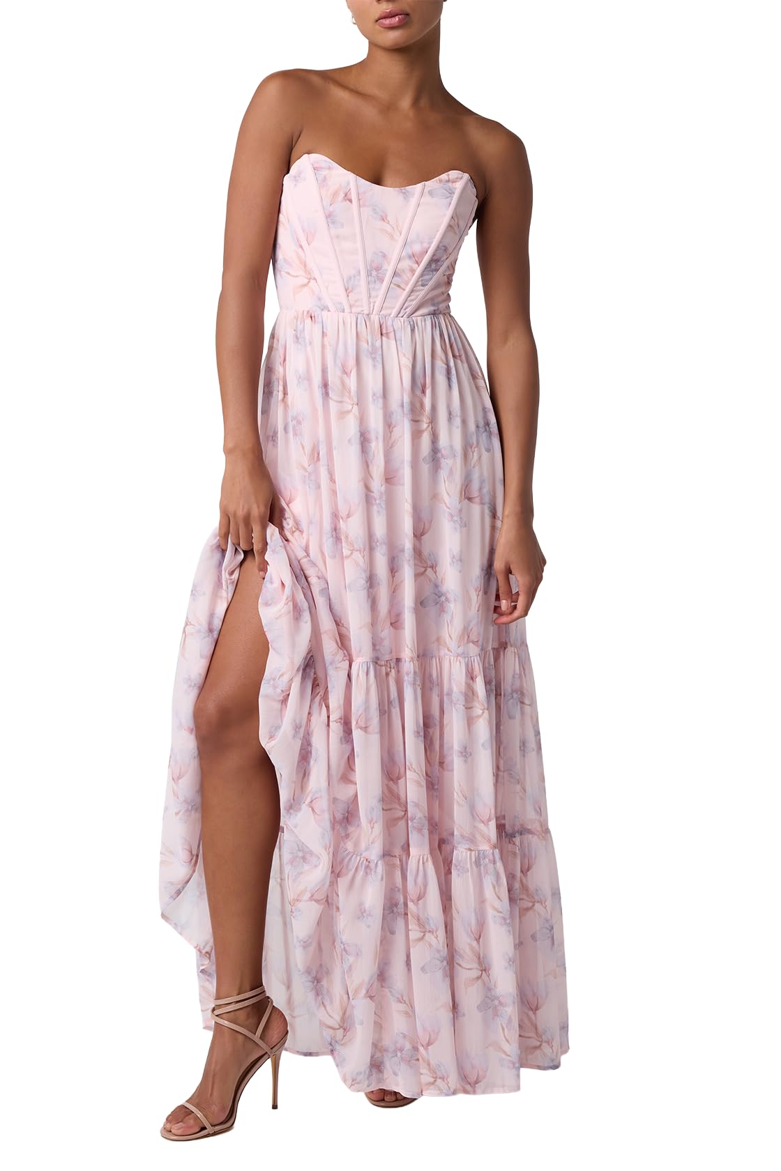 Blyzera Women's Demi Corset Tiered Floral Maxi Dress For Women Strapless Long Cocktail Summer Wedding Guest Prom Gown