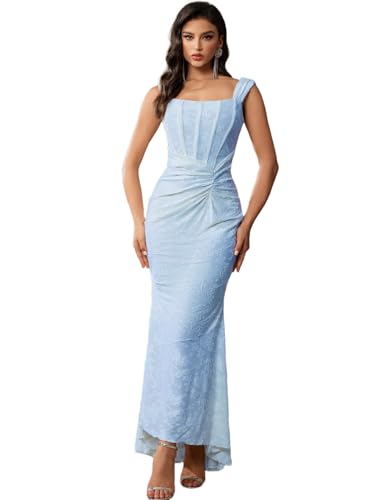 Alternative view of Blyzera Women's Elegant Lace Bodycon Fishtail Dress Wedding Guest Fishbone Shoulder Strap Ruched Midi Party Dress For